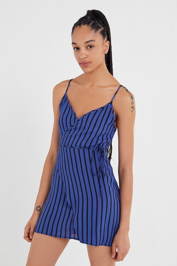 Urban Outfitters Striped Mini Wrap Dress Boho Blue Beach Summer Vacation Vintage