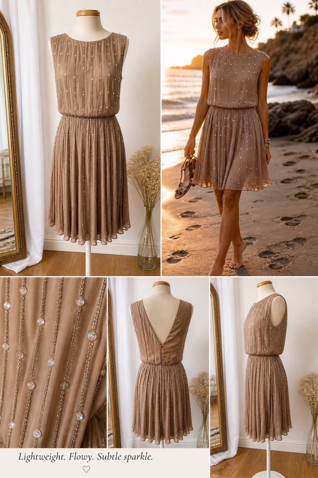 Champagne Taupe Rhinestone Beaded Goddess Dress Open Back Pleated Forma