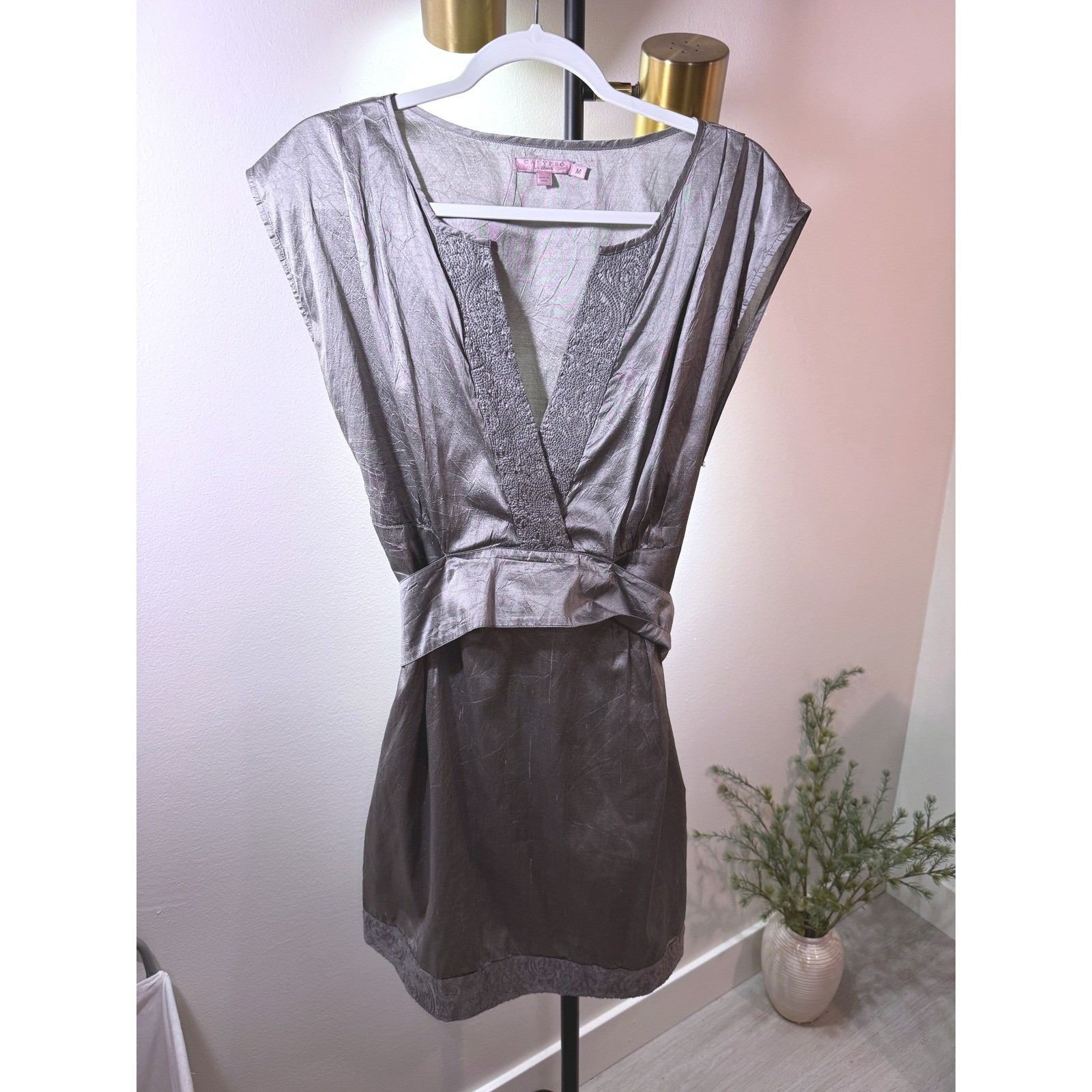 Calypso St Barth Mini Dress sash waist rear tie Grey Silk embroidery luxury MED
