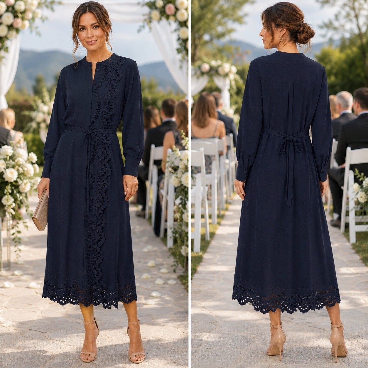 Elie Tahari Navy Blue Eyelet Embroidered Midi Shirt Dress Tie Waist NWT