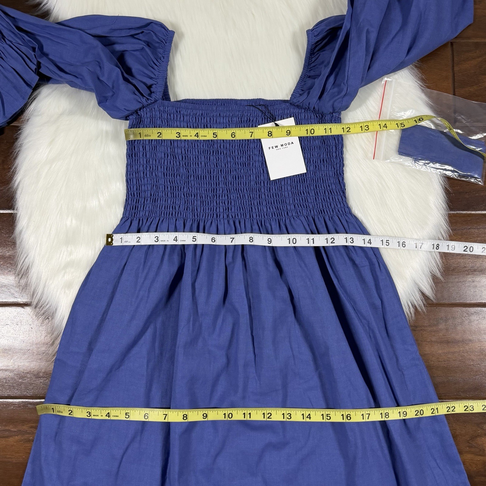 Few Moda Women’s Size Medium Blue Cotton Linen Blend Smocked Midi Dress Tie Belt