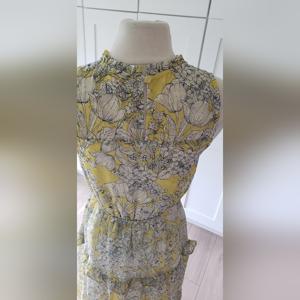 Monteau Rayon Dress Womens Small Yellow Floral Midi Tiered Ruffle Mock Neck