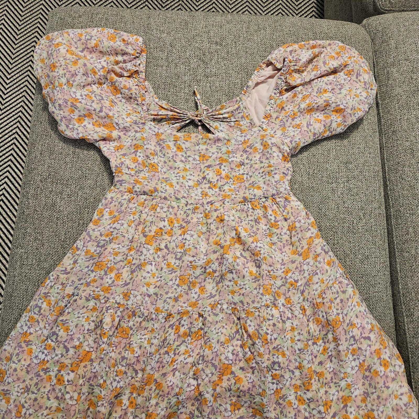 MINKPINK Versailles Puff Sleeves Square Neck Floral Pink Mini Dress Size Small