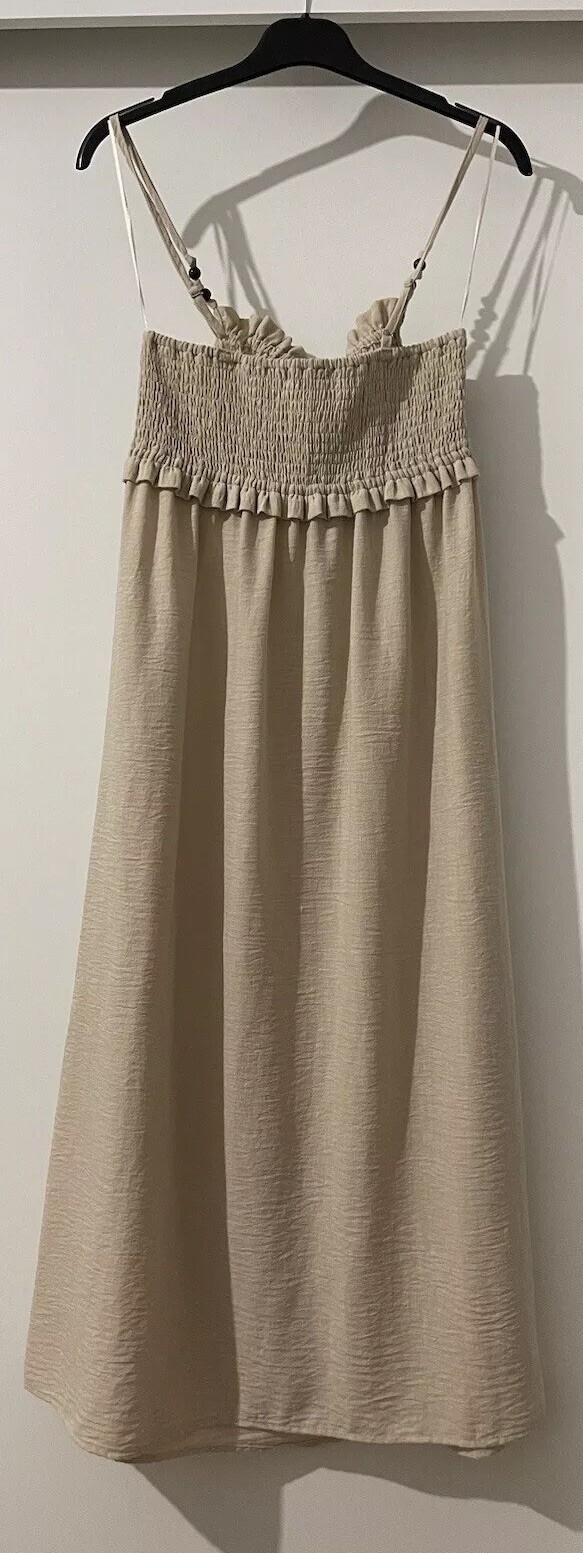 ZARA LIGHT CAMEL SMOCKED TOP THIN STRAPS MIDI DRESS SIZE M BNWT