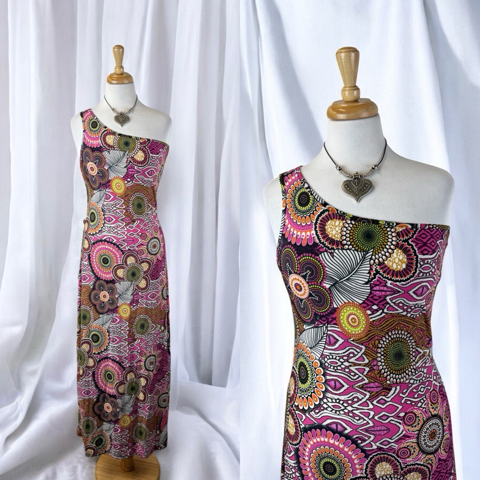 Y2K Flower Off Shoulder Maxi Sundress Boho Tropical Vacation Summer Size Large