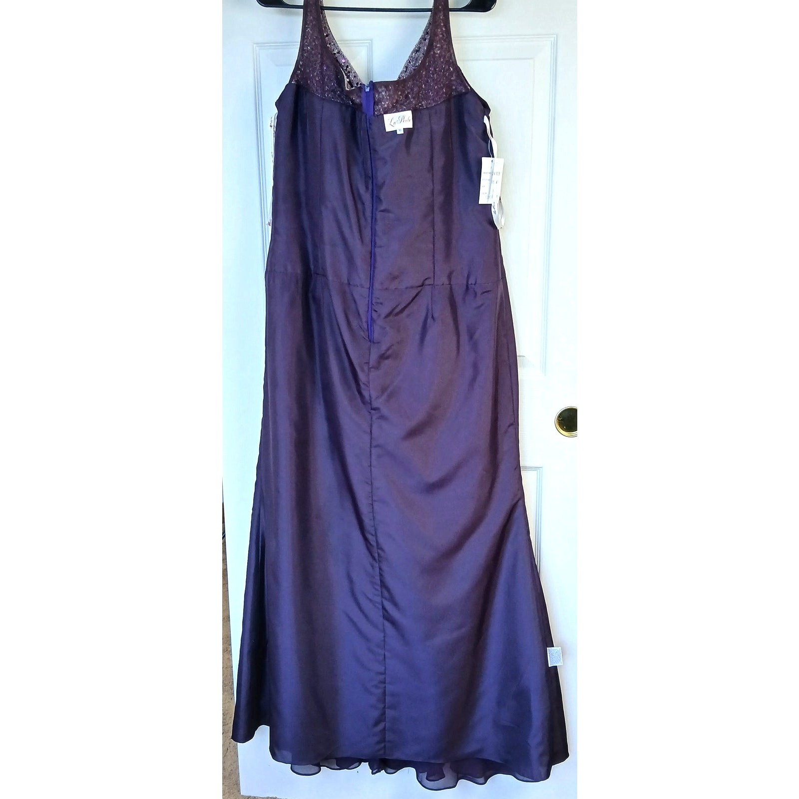 La Perle Aubergine Beaded Sweetheart Maxi Gown 16 slight train leg slit formal