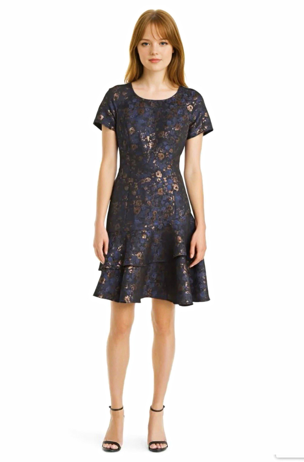 SHANI Blue Floral Jacquard Fit & Flare Knee Dress SS Round Neck Ruffle 8