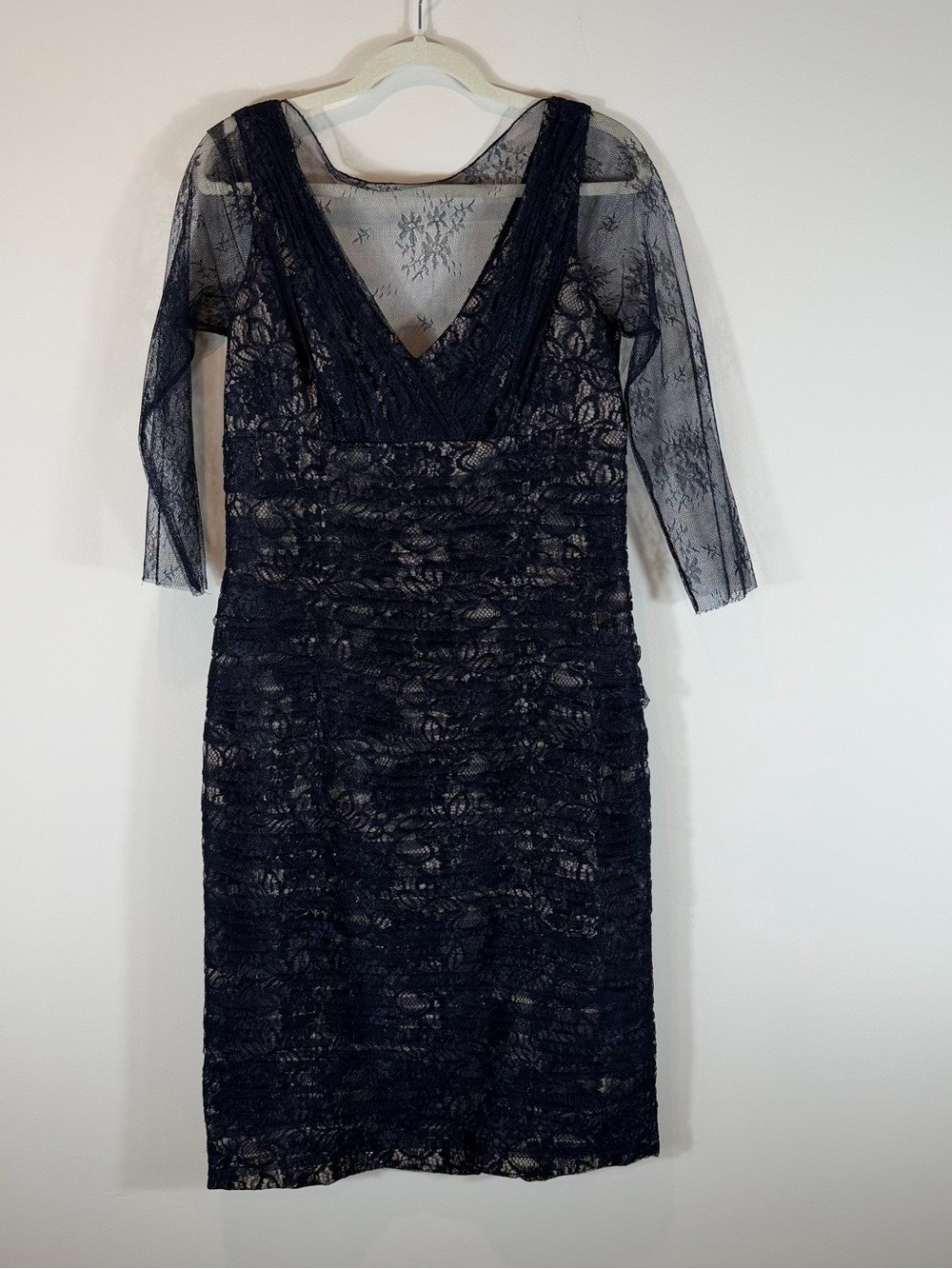 Rickie Freeman for Teri Jon Black Lace V-Neck Midi Dress Size 6