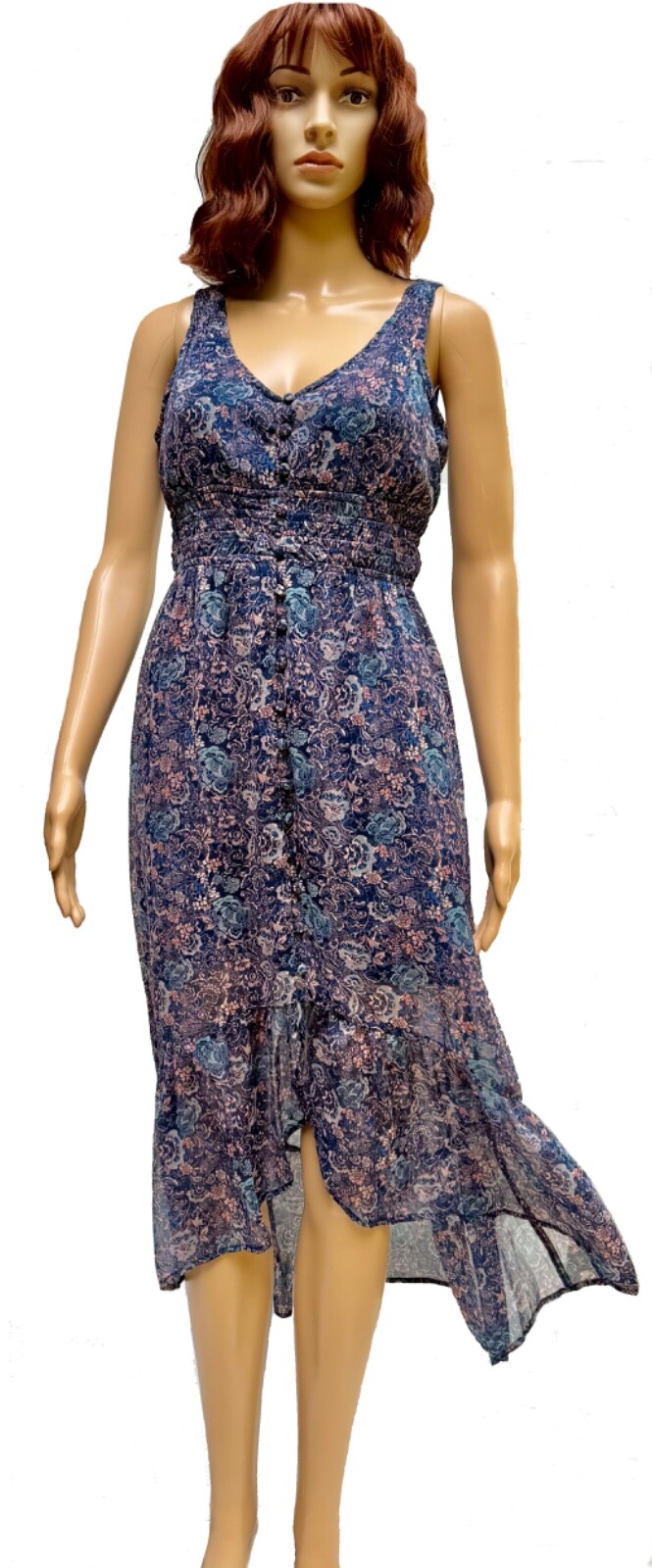 Women’s Rewind Sleeveless V-Neck Hi-Low Multicolored Navy Floral Chiffon Dress S