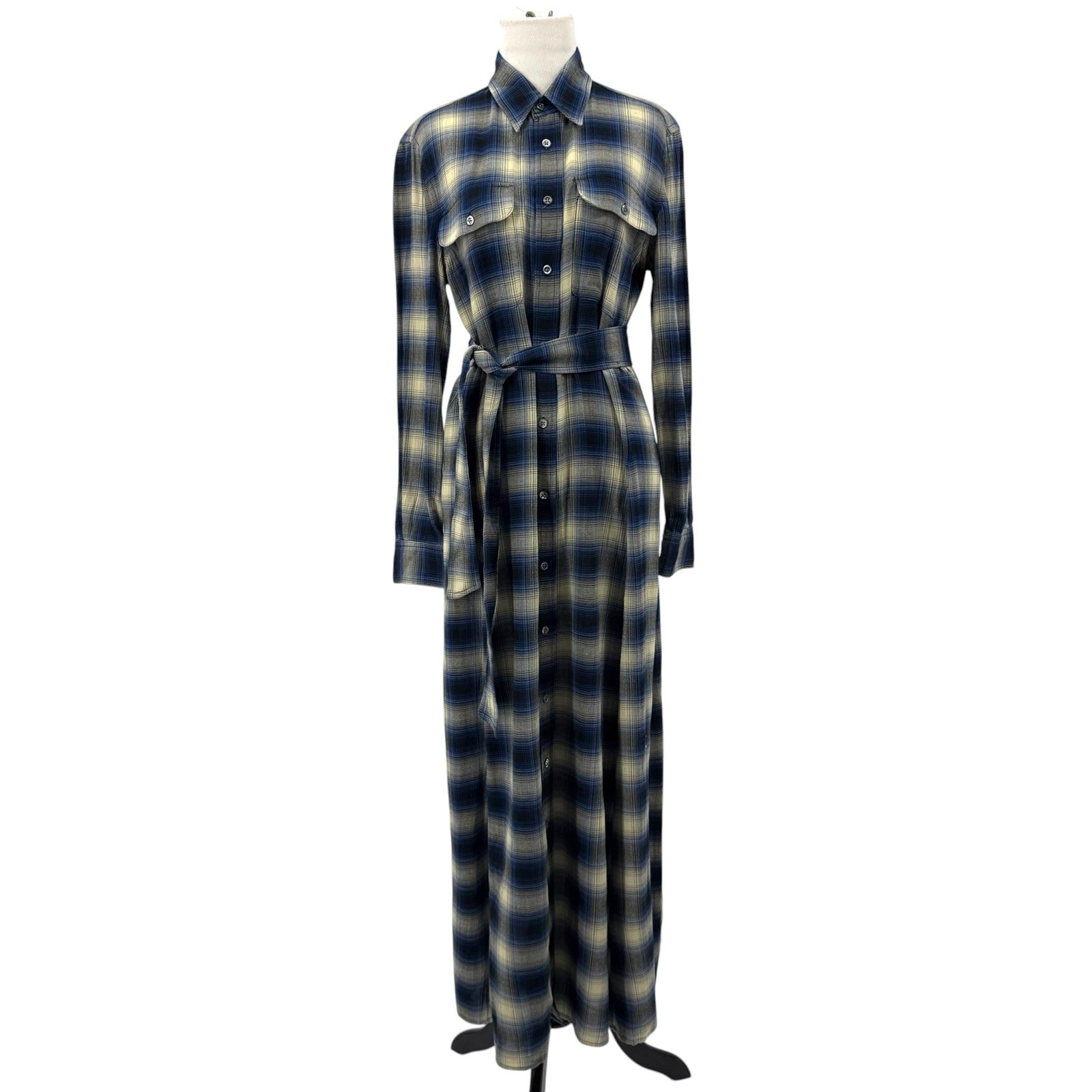 Polo RALPH LAUREN Shirt Dress Maxi 8 Plaid FLANNEL Belt Western Cowgirl Country