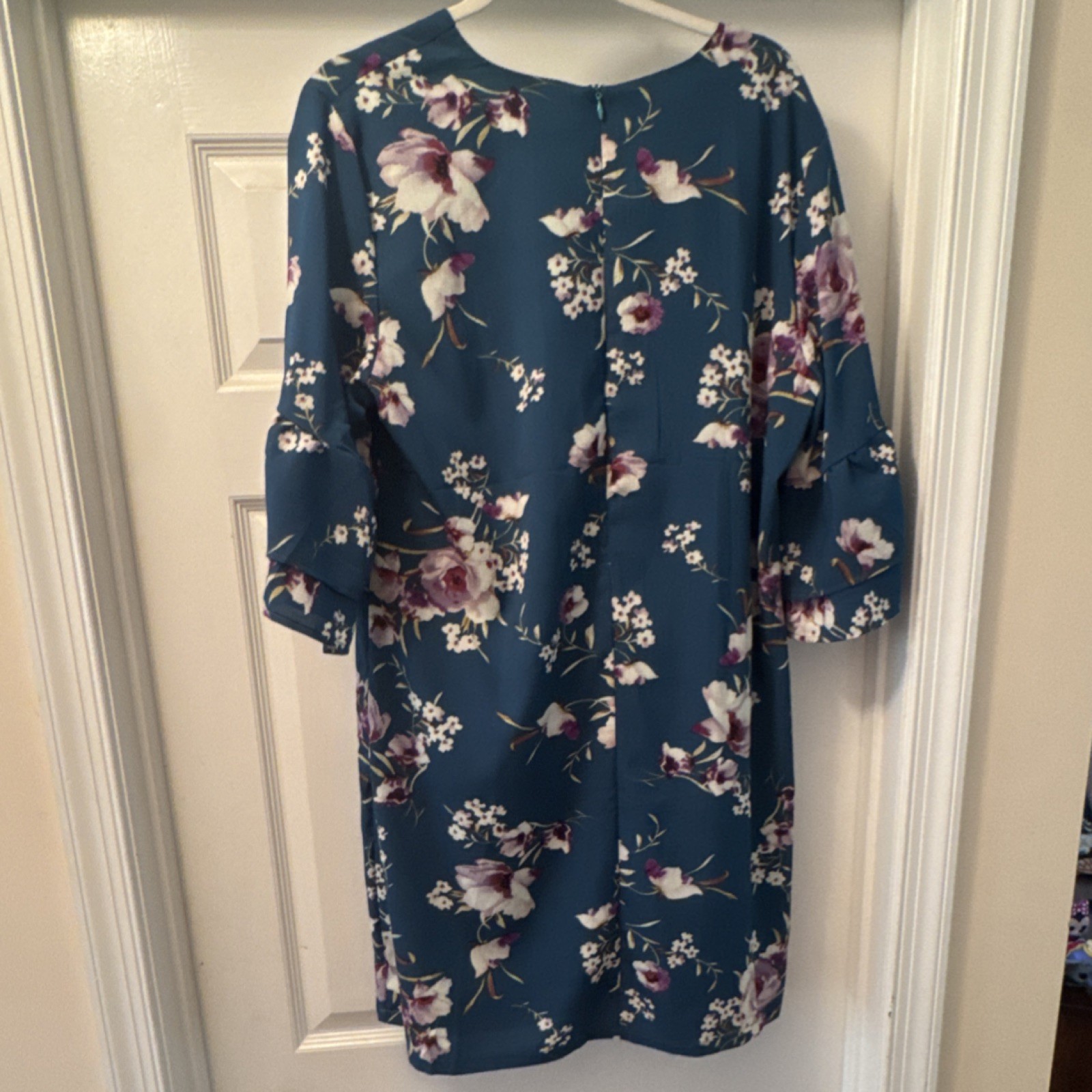 Belongsci Blue Purple White Floral Shift Dress V-Neck Ruffle Sleeve Zip XL