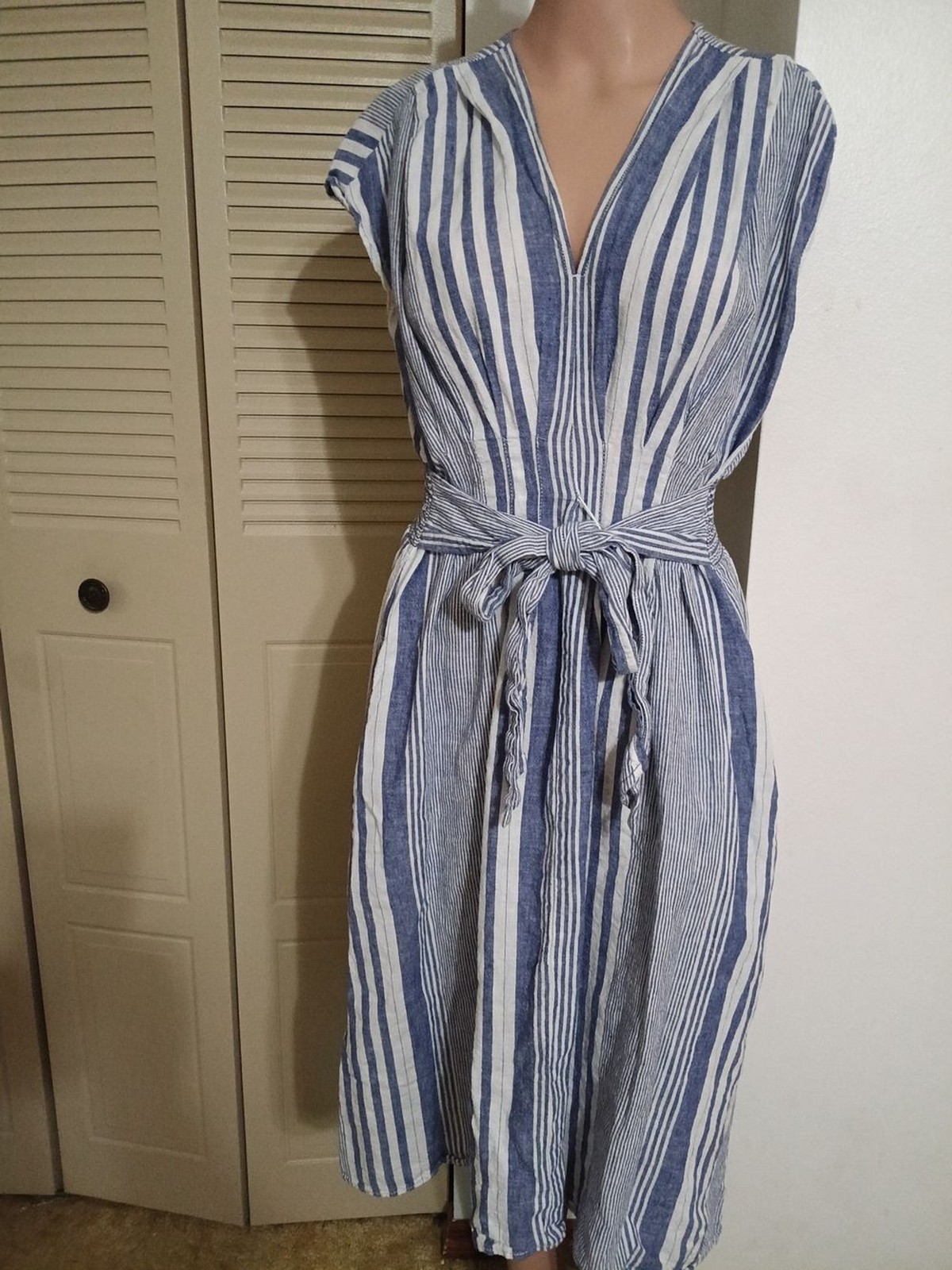 Max Studio Blue and White Striped Tie-Waist Midi Dress