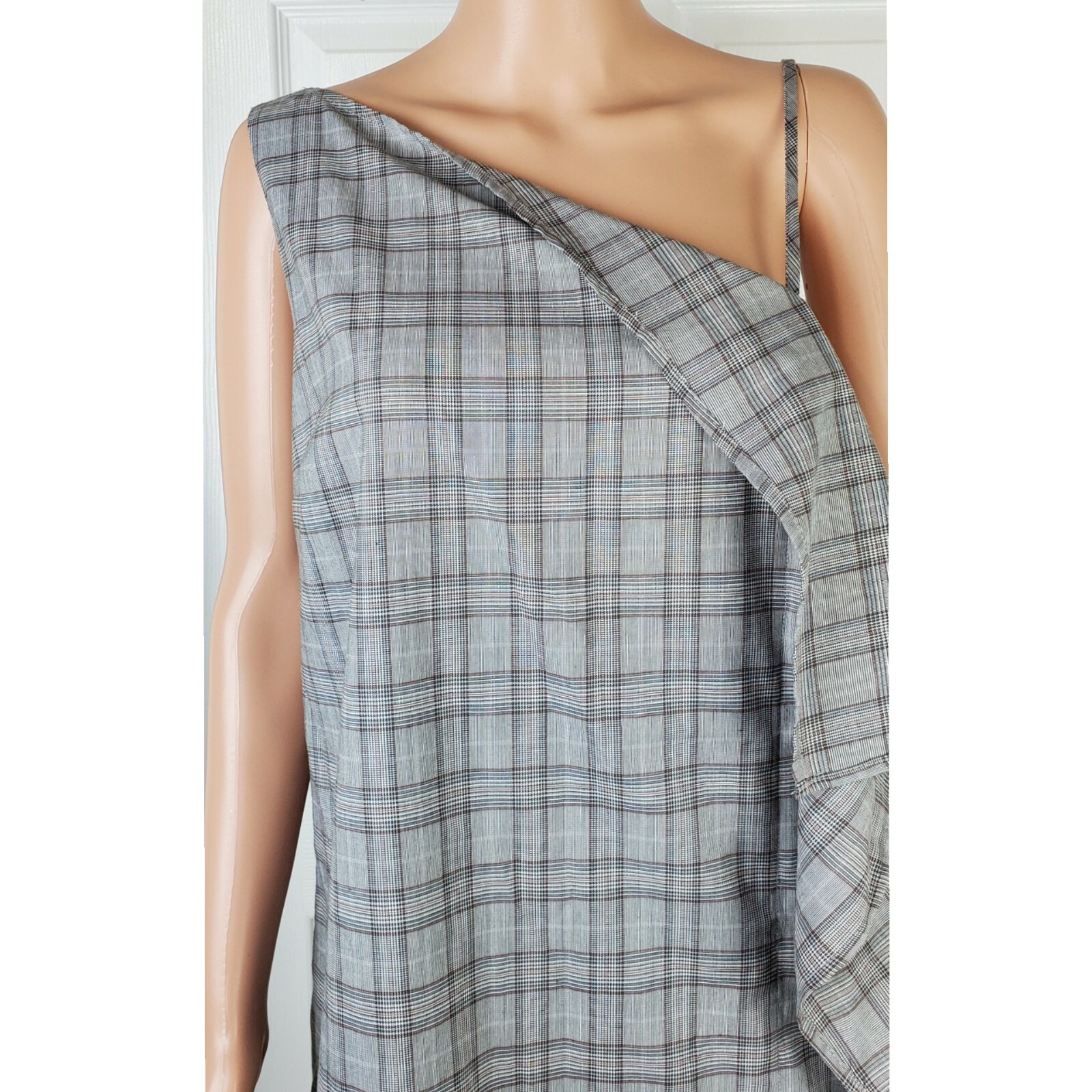 Sugarlips one shoulder side ruffle plaid gingham grey shift dress