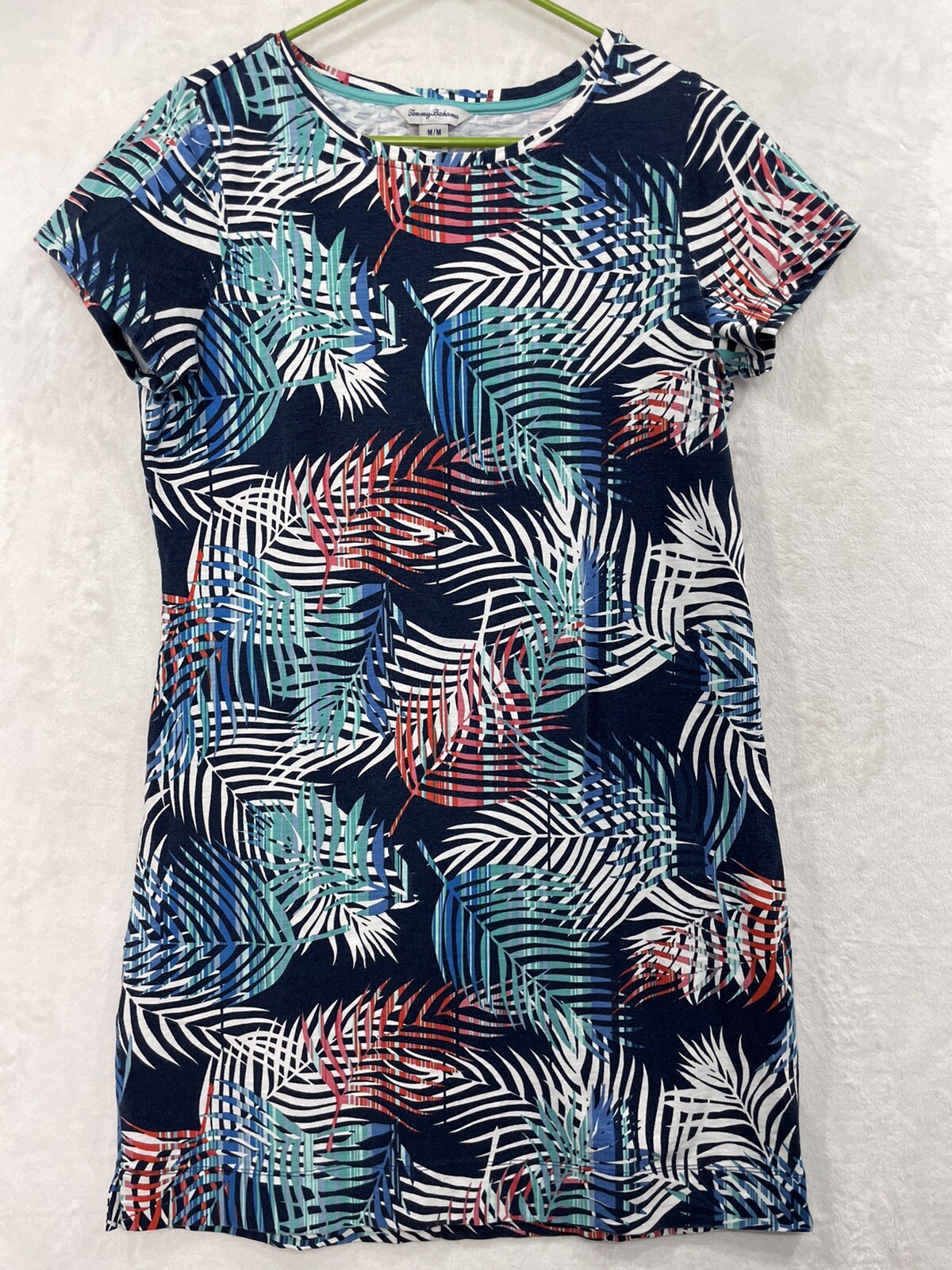Tommy Bahama Tropical Floral Leaf T-Shirt Dress Women M Cotton Stretch Blue Pink