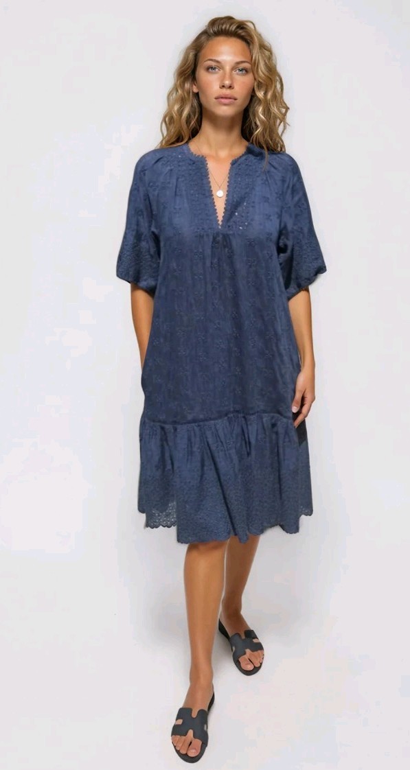 0039 ITALY navy blue 100% linen fully embroidered Maibelyn dress M bnwot rrp£250