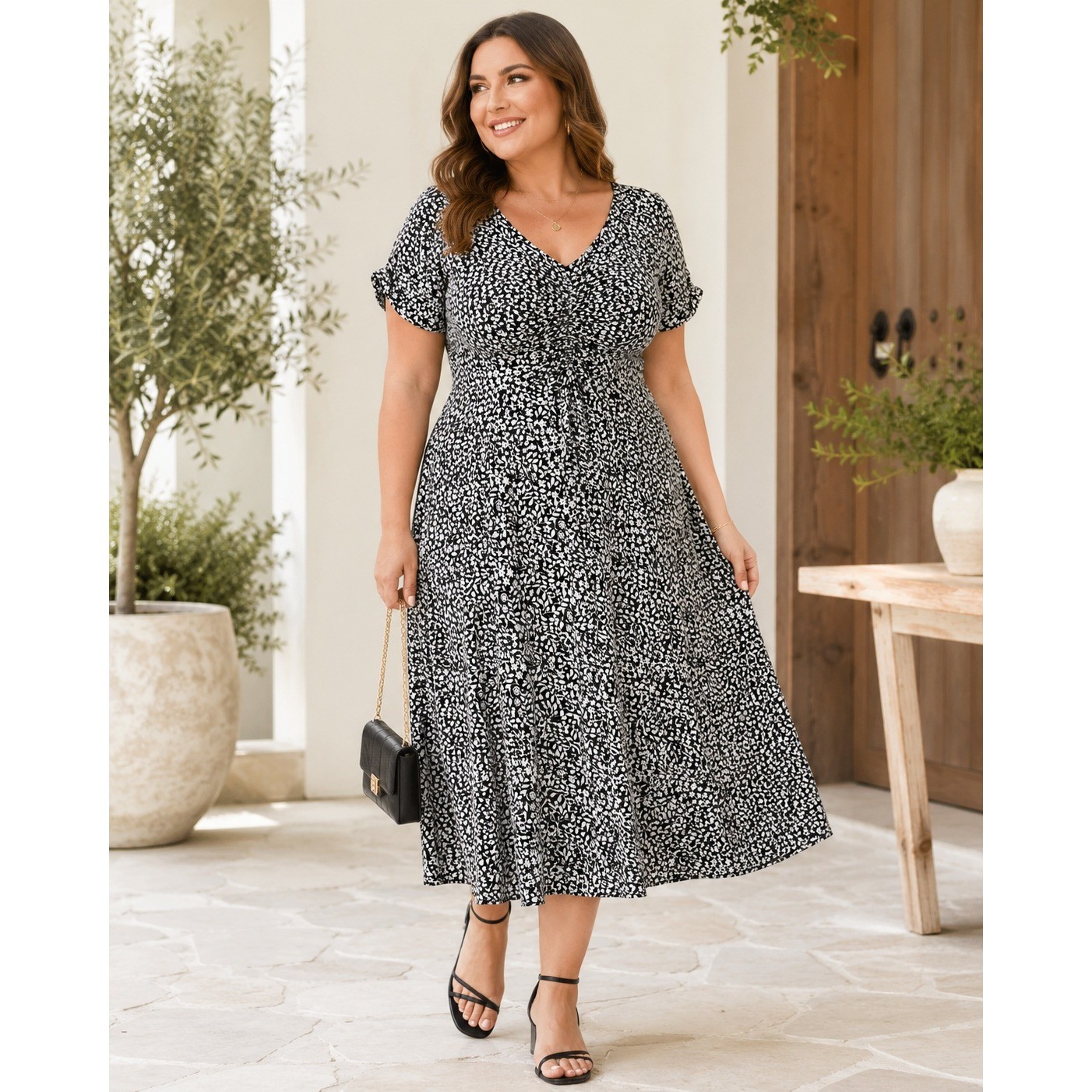 Boden Black White Floral Ruched V-Neck Midi Dress Womens US 16/18R Short Sleeve