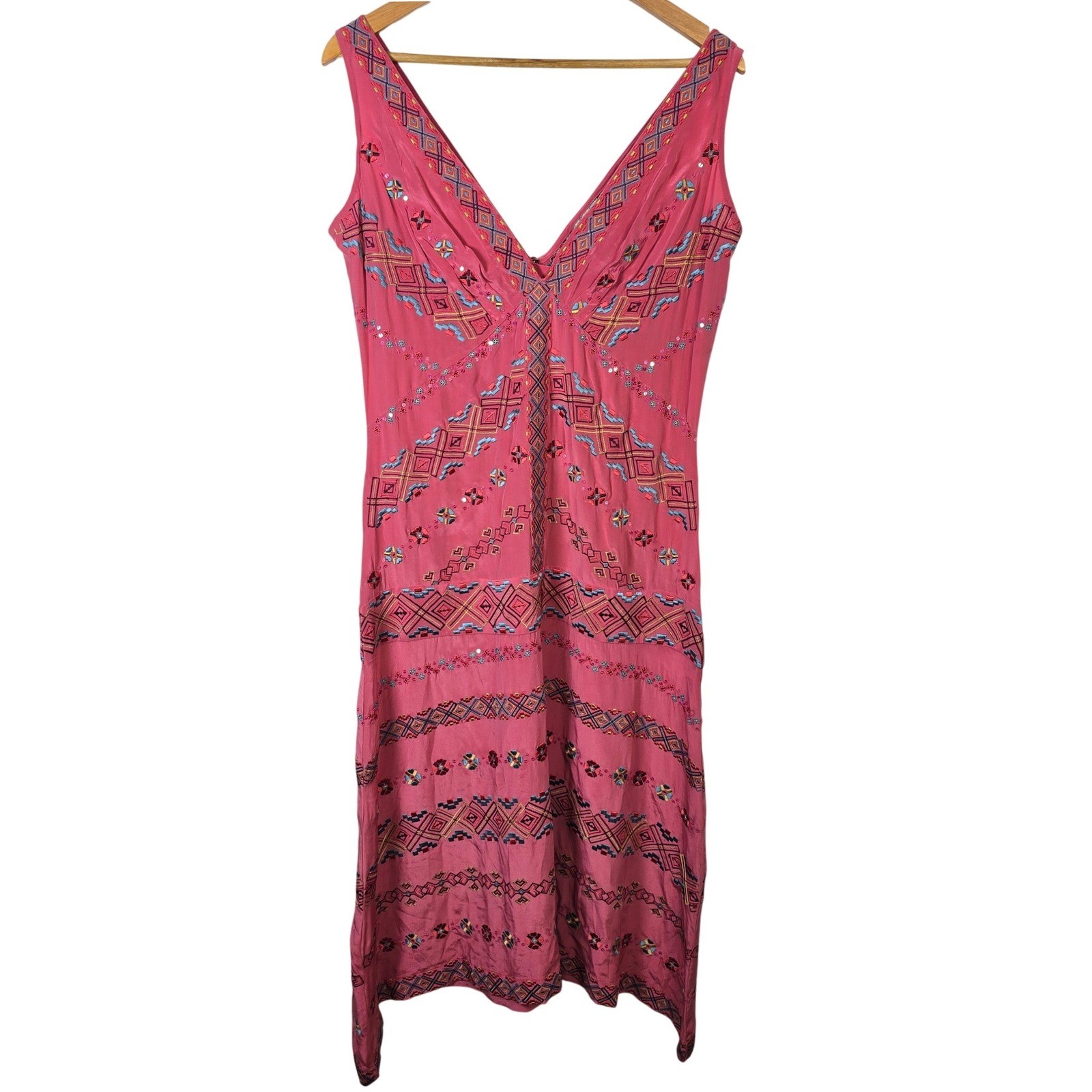 Plenty by Tracy Reese Pink Silk Embroidered V Neck Midi Dress Women’s Size 12