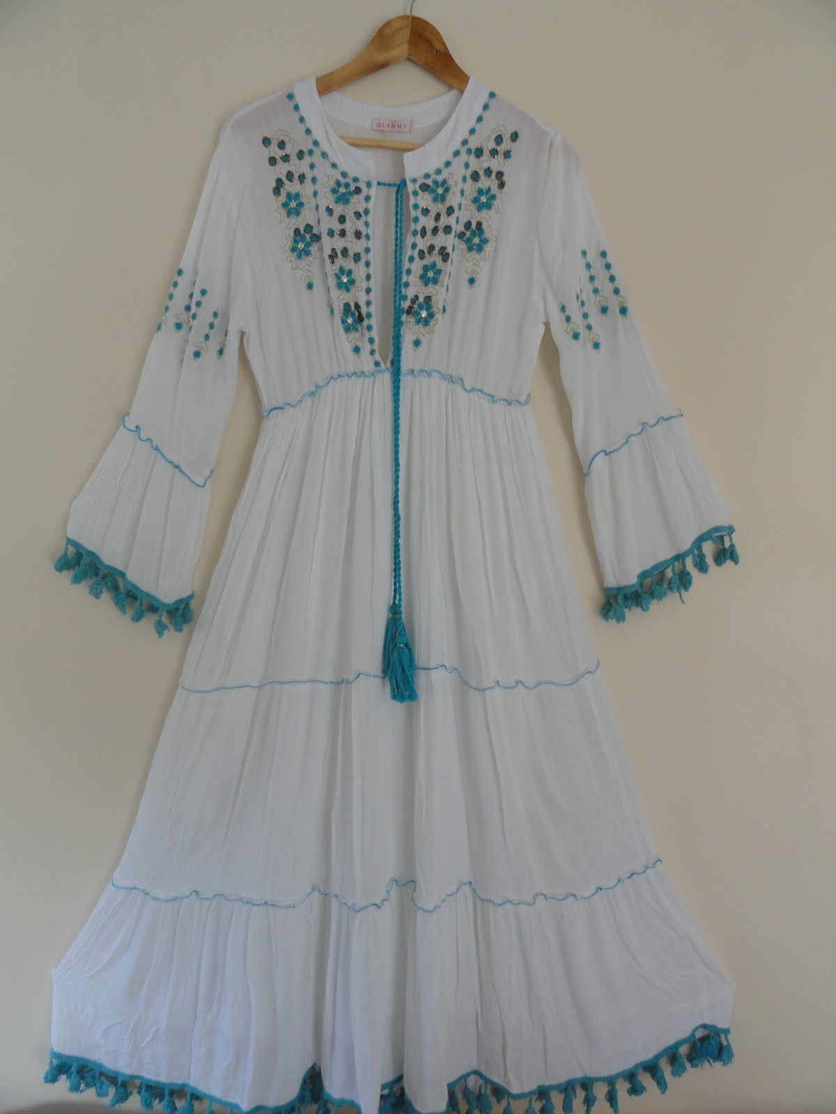 ✩GLAMMY White Turquoise Embroidered Beaded Ruffle Tiered Beach Midi Dress OSFA –