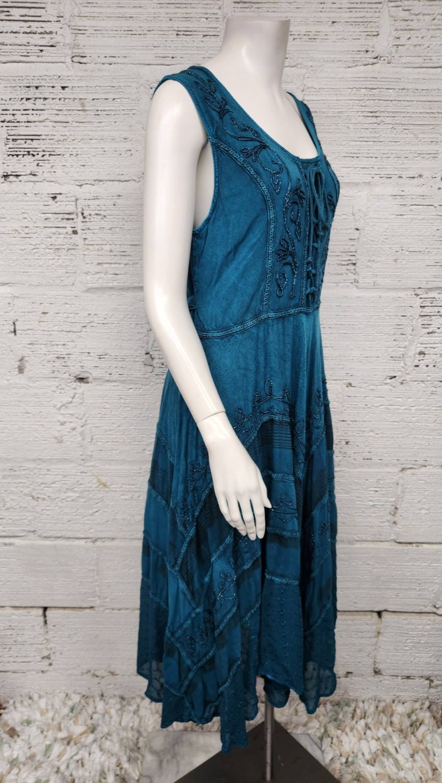 Sakkas Sundara Size S/M Embroidered Stone-wash Fairy Turquoise Summer Dress
