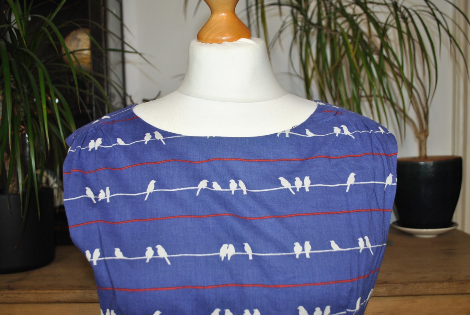 Poem by Oliver Bonas Blue Bird Print Cotton Sleeveless Fit & Flare Dress Size 12