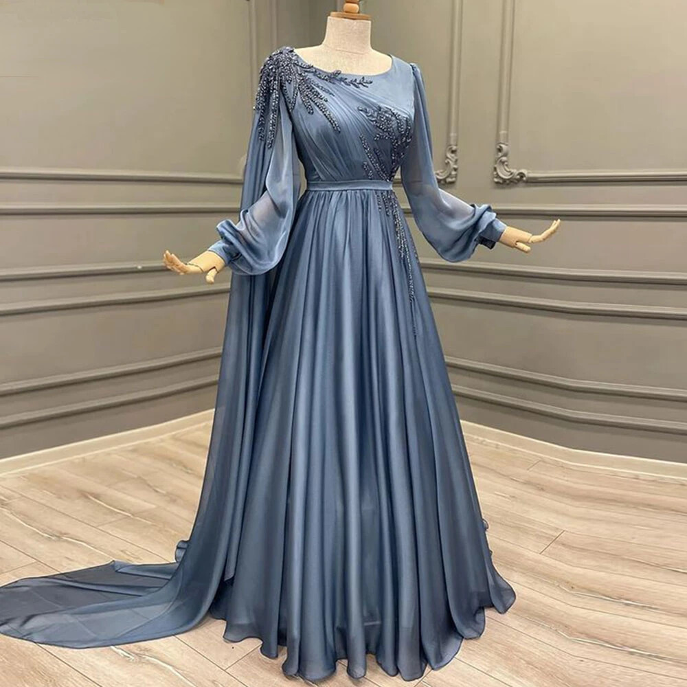 A-line Scoop Neck Evening Dresses Long Sleeves Beaded Sequins Formal Party Gowns