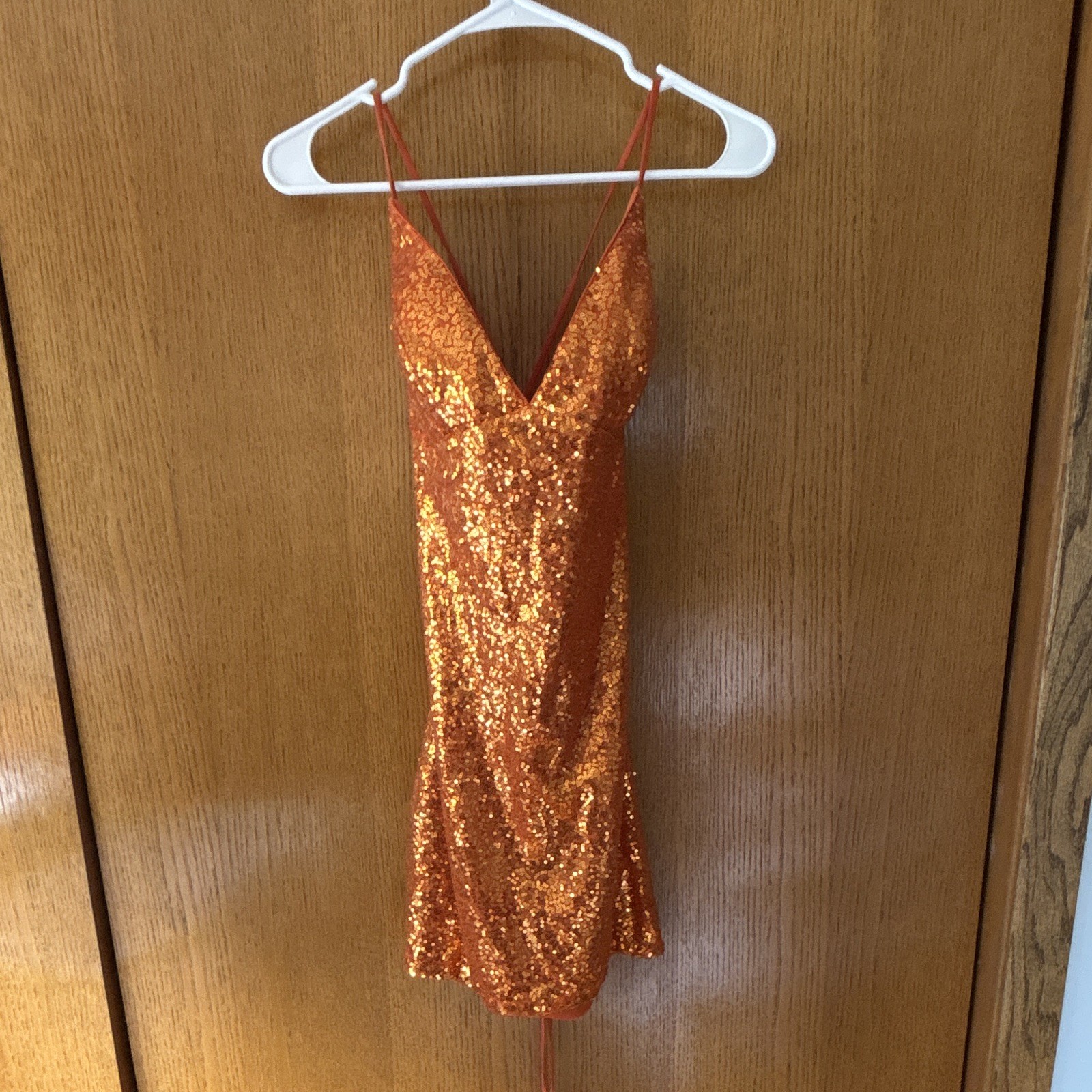 Orange Sequin V-Neck Lace-Up Open Back Mini Slip Dress Women’s Size 9