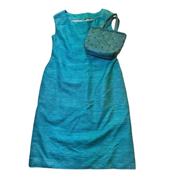 Vintage 60s Aqua Blue Dress Suit Jacket Set w/ Beaded Handbag classic retro teal