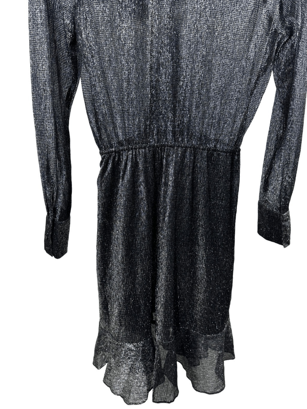 NWT Berenice Metallic Black Long Sleeve Mesh A-line Dress V-neck Ruffle Hem