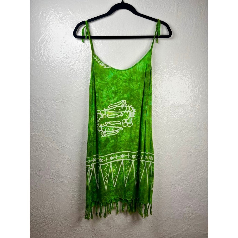 Fata Morgana Mini Dress Womens M Green Tie Dye Batik Fringe Boho Festival Hippie