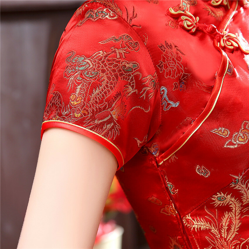 Chinese Short Cheongsam Traditional Women Silk Satin Mini Dress Party Gown S-6XL