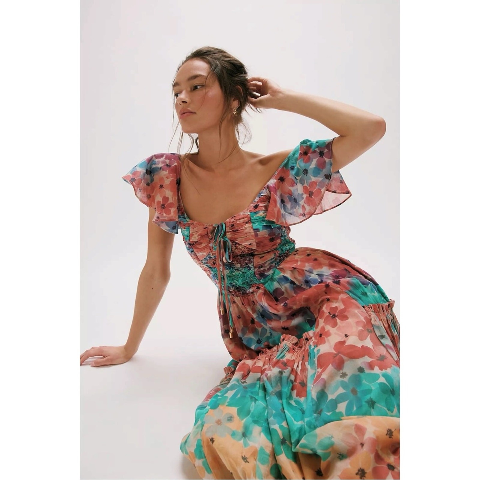 Free People Sunshine Maxi Dress in Soft Tropical Combo Size Medium NWT