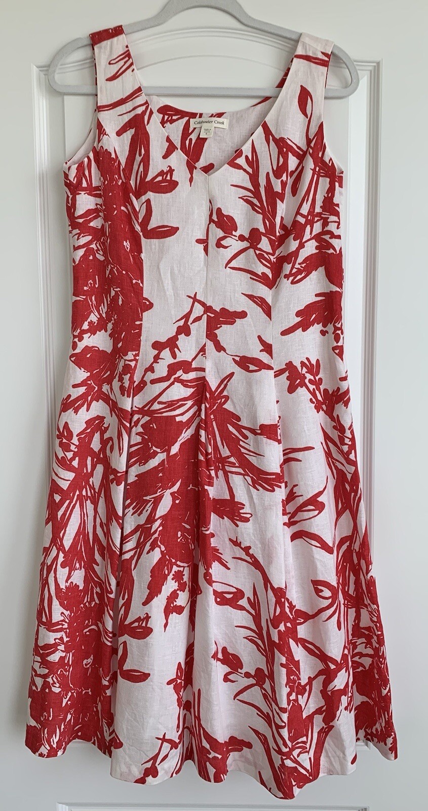 Coldwater Creek Linen Dress Size 6 Midi Red White Abstract Print V Neck Coastal