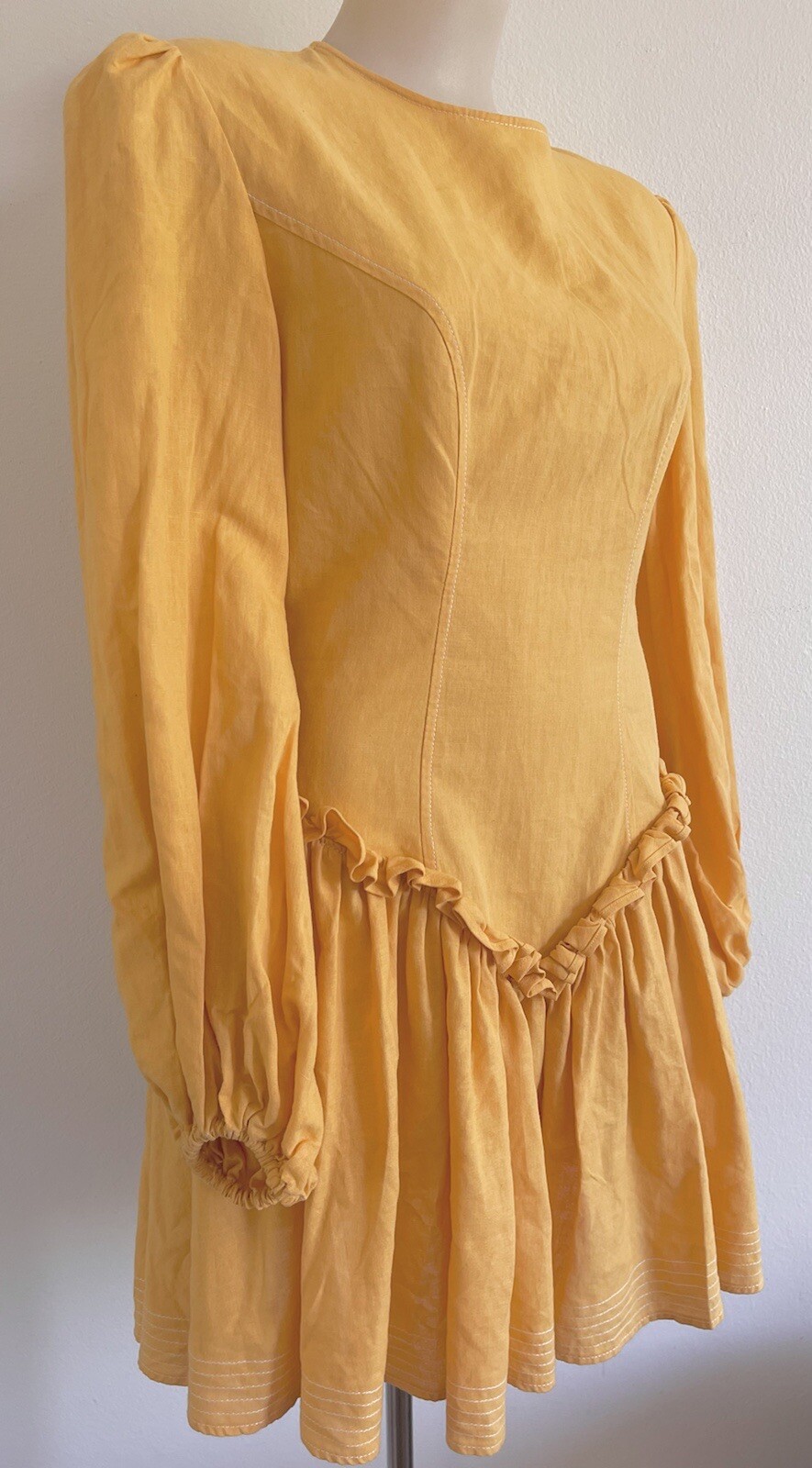 LEO LIN Mini Dress Yellow Pastel Orange Cotton Linen balloon Sleeves SZ AU 10 M