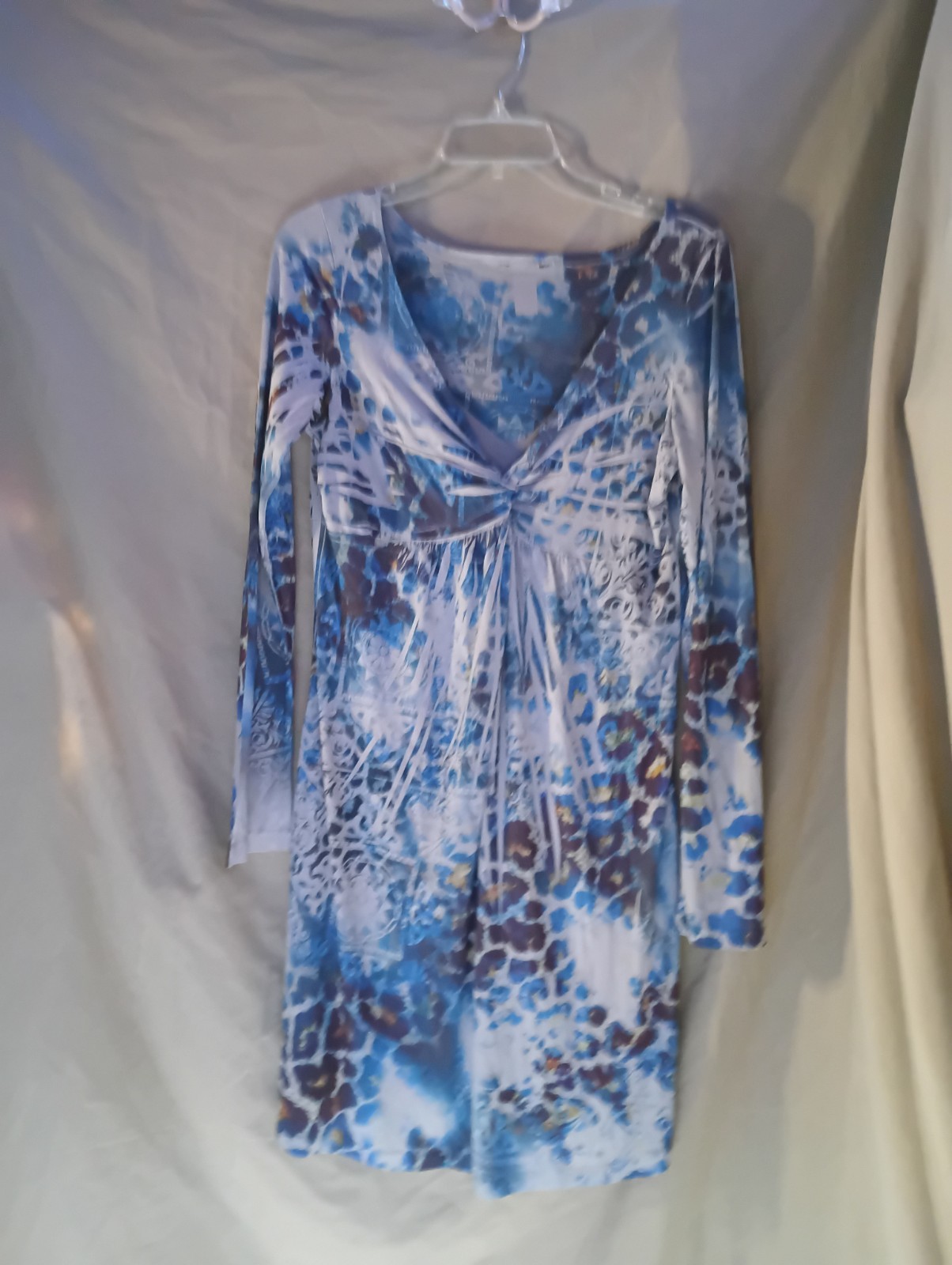 Animal Print V-Neck Long Sleeve Pullover Mini Dress Size L Blue White