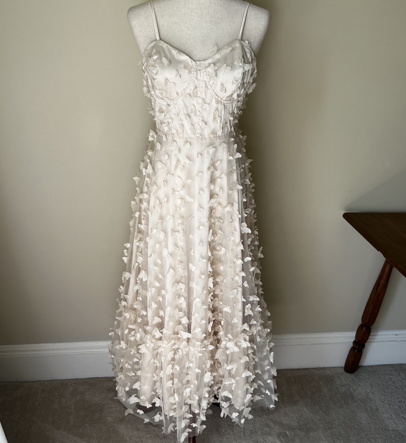 Butterfly Applique Lace Up Corset Midi Dress Cream Romantic Sz L Off White Tulle