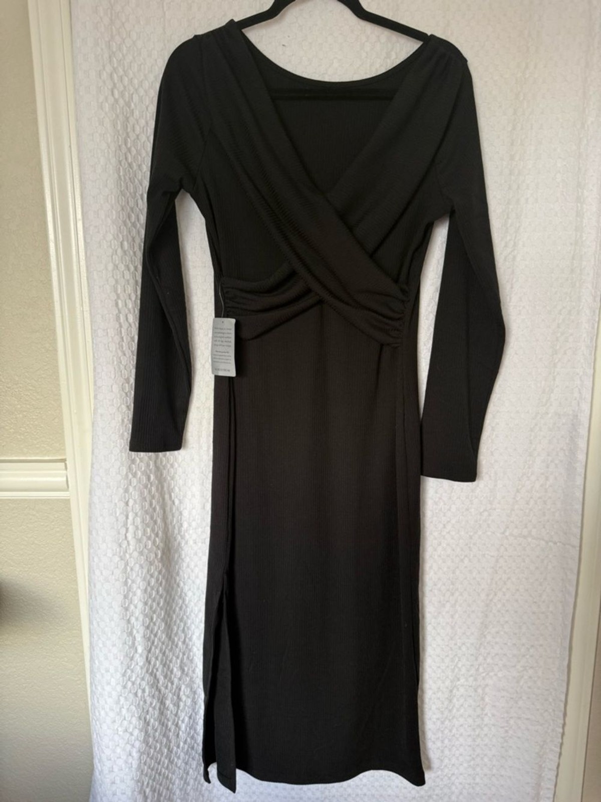 ASTR The Label Black Ribbed Cross Back Midi Dress Open Back Side Slit XL NWT