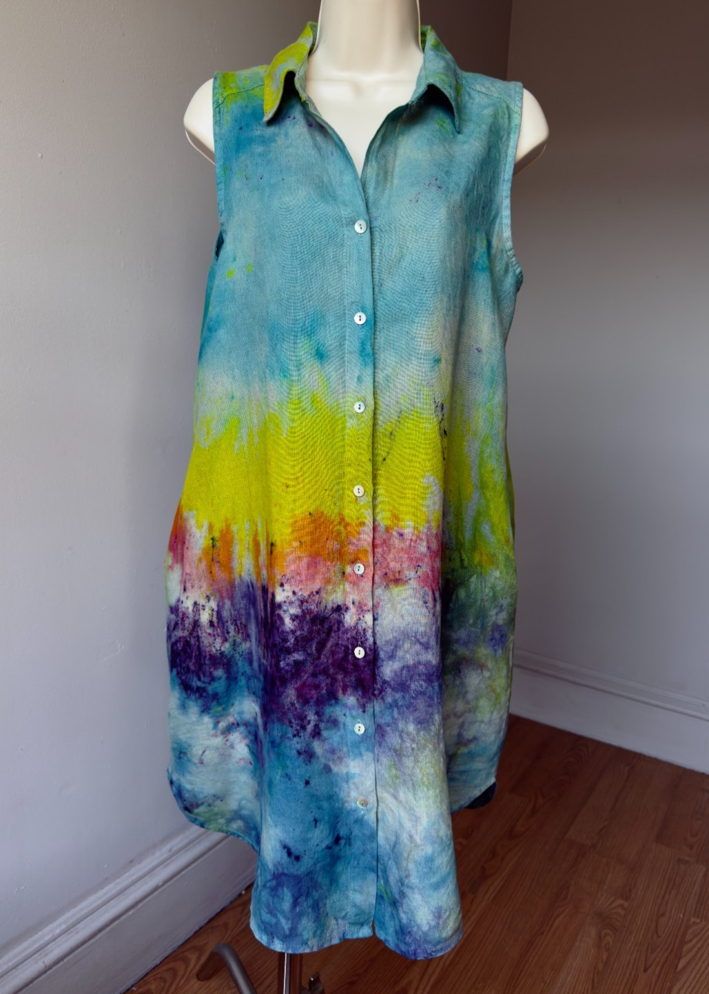 Linen Tie Dye Dress Women’s S ocean rainbow button up duster festival outfit