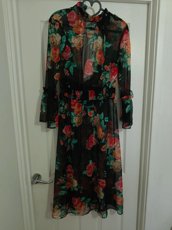 Miss Selfridge Floral Sheer Midi Dress UK 8 Mock Neck Smocked Waist Romantic