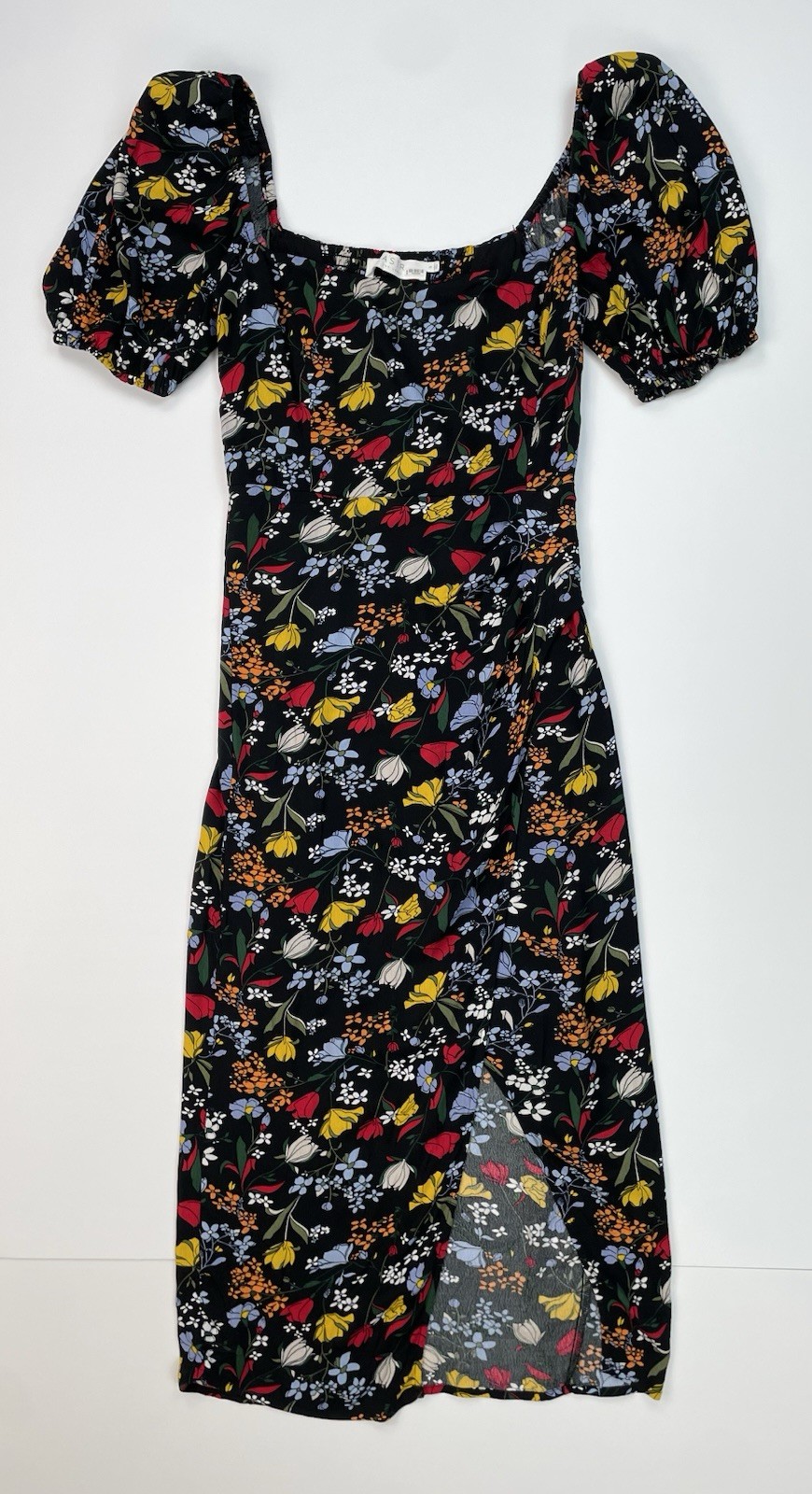 ASTR the Label Black Floral Puff Sleeve Front Slit Midi Dress S Cottage Boho