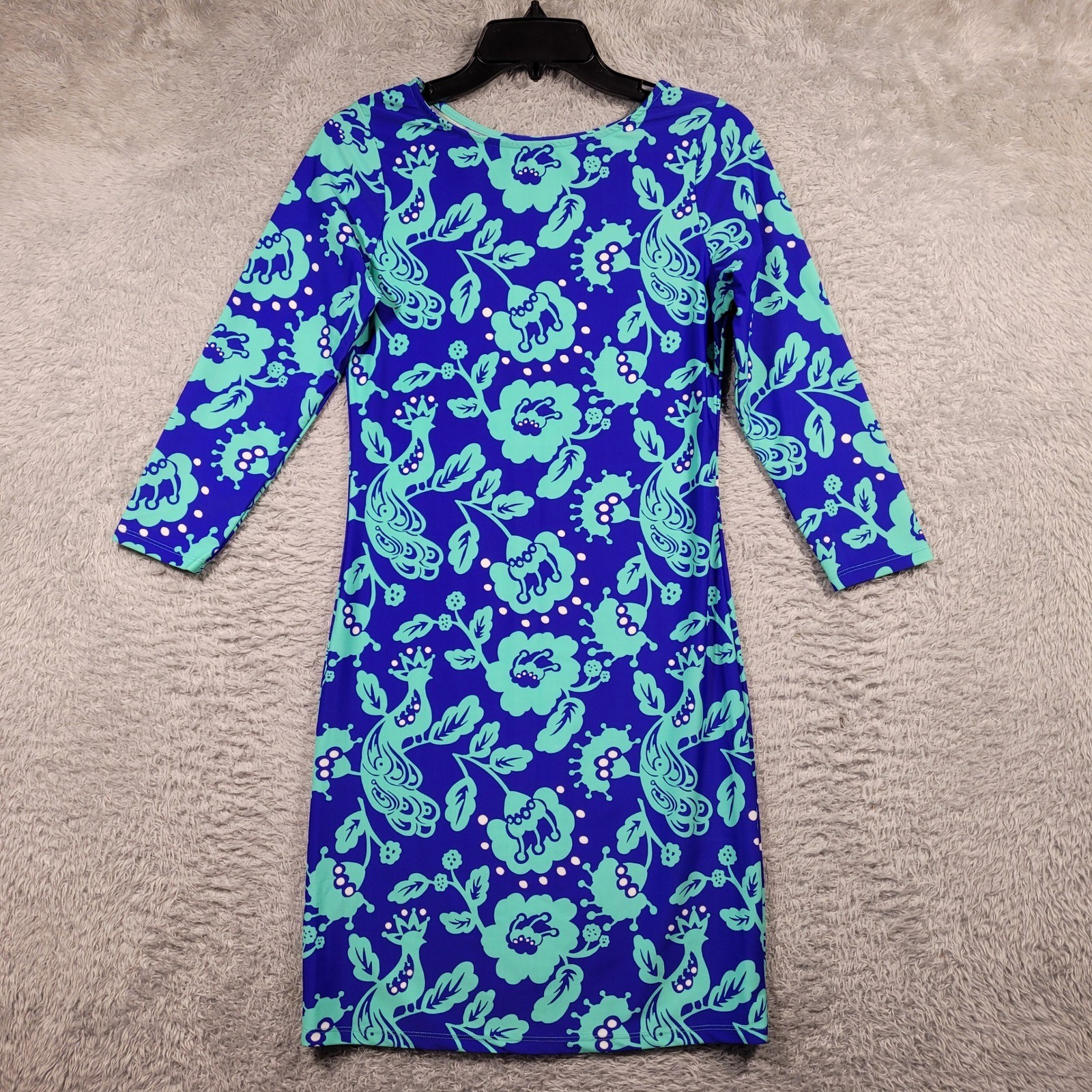 All For Color Sheath Dress Womens XS Blue Peacock Floral 3/4 Sleeve
