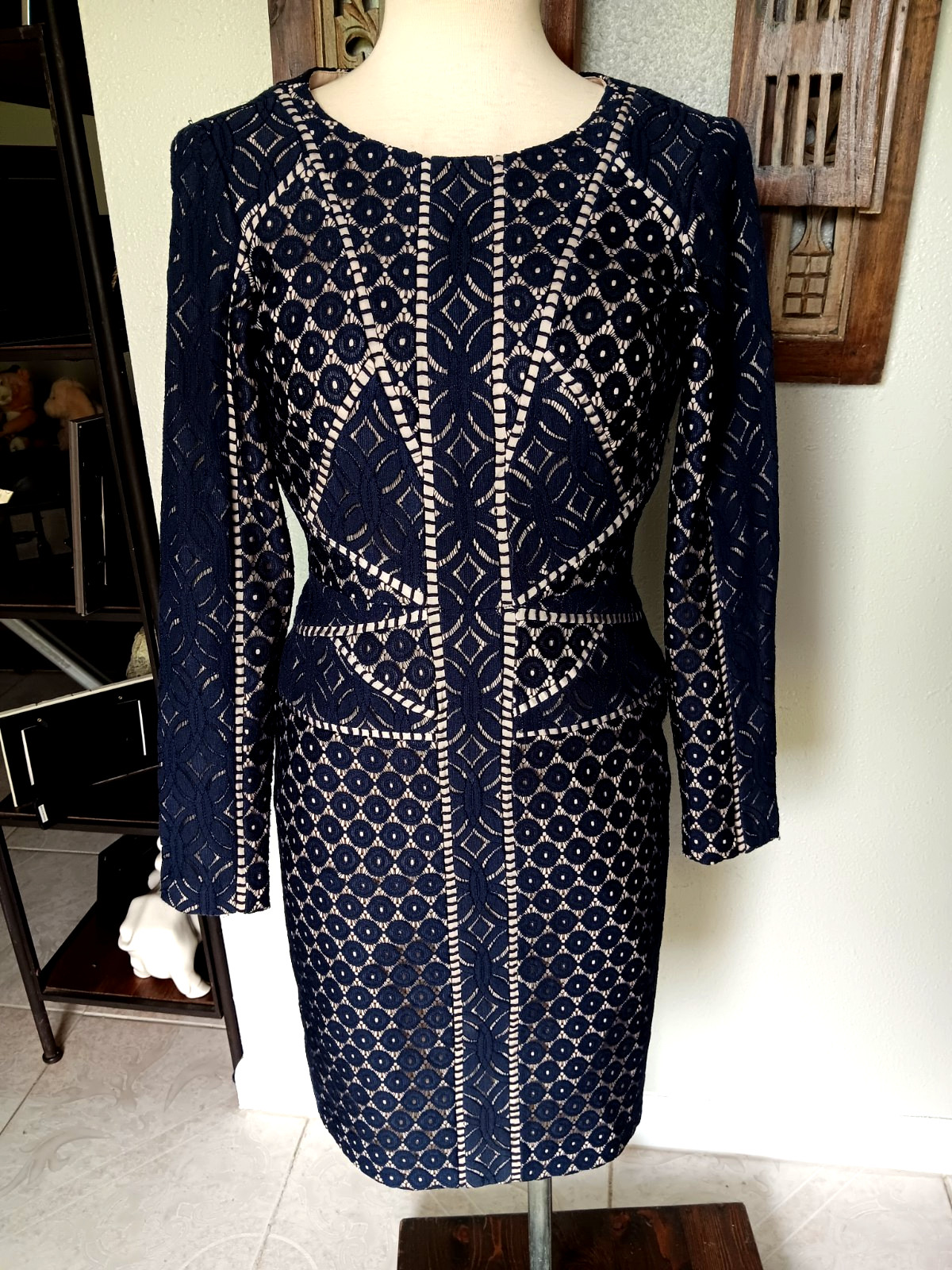 Antonio Melani Navy Sheath Dress 0 Skin Tone Lining Long Sleeve Zipper 629OM217