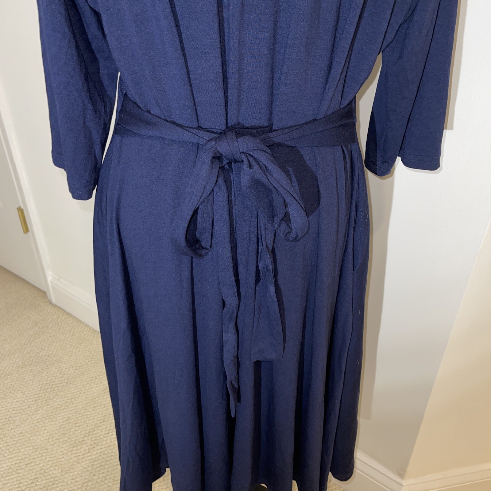 Bedoar Plus 20 Navy Blue 3/4 Sleeve Pockets Cotton Poly Dress Vneck Solid New