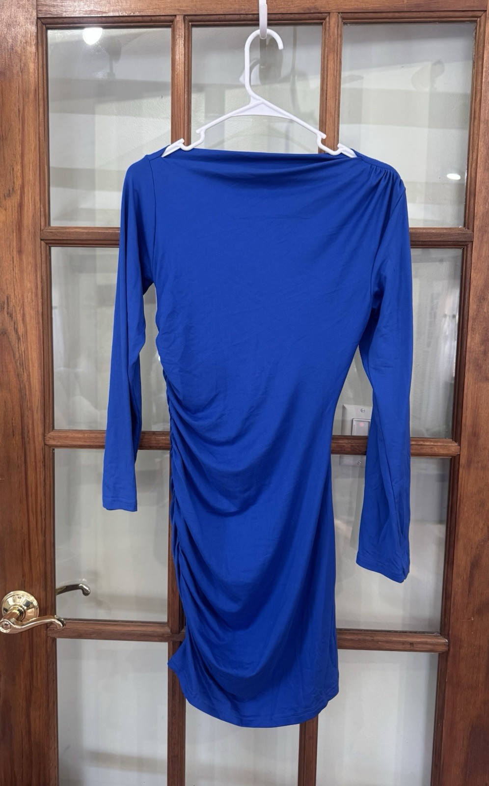 Womens Ladies Long Sleeve MIDI Dress Stretch Bodycon Plain Jersey Rouched Blue