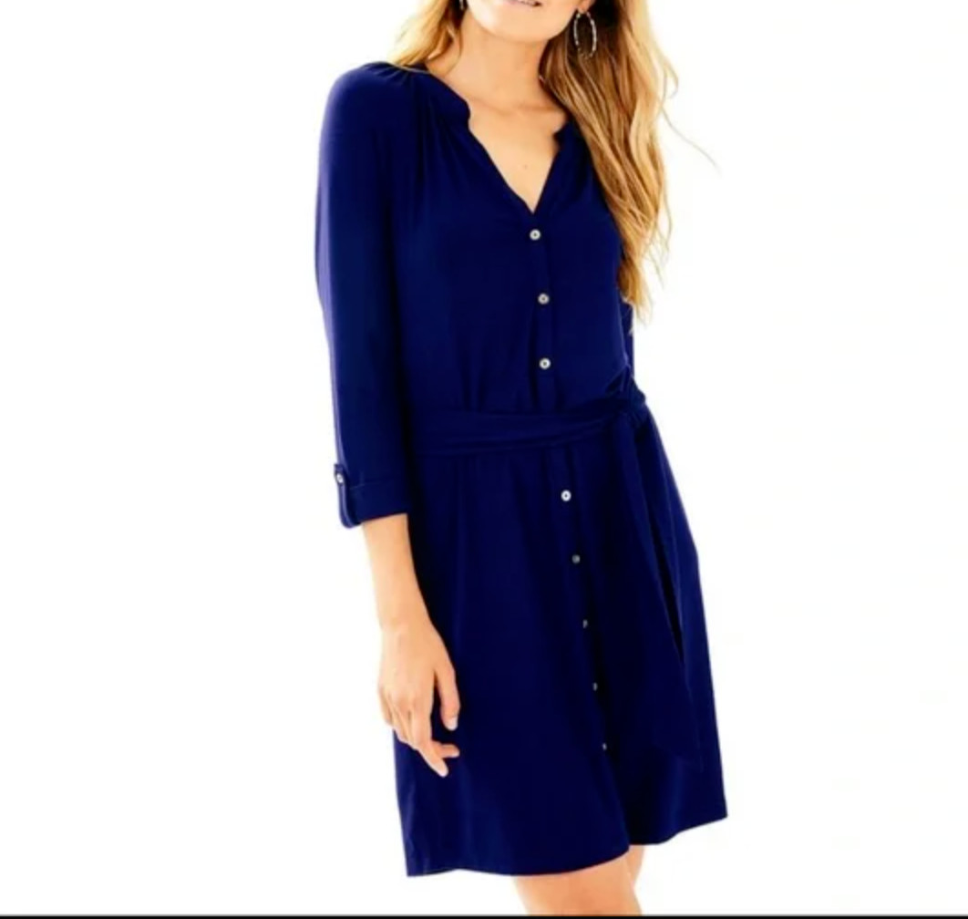 Lilly Pulitzer Bailor Shirt Dress Navy Jersey Long Sleeves Missing Belt Small
