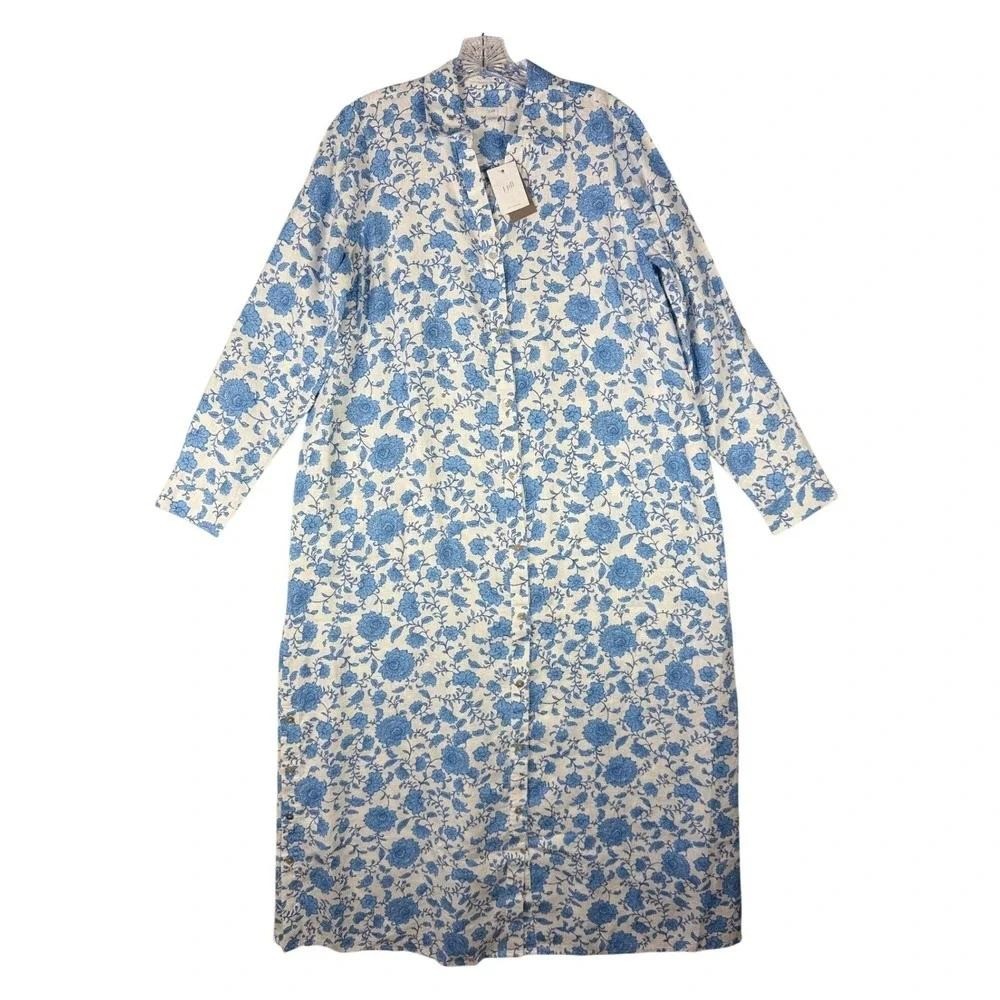 J.Jill Linen Blend Floral Button Front Maxi Dress Blue White Sz Small 318451 NWT