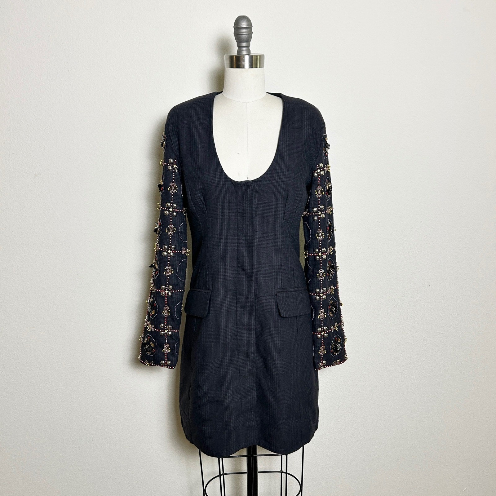 NWT Maeve Long Sleeve Embellished Blazer Mini Dress Black Plunging Neckline XXS