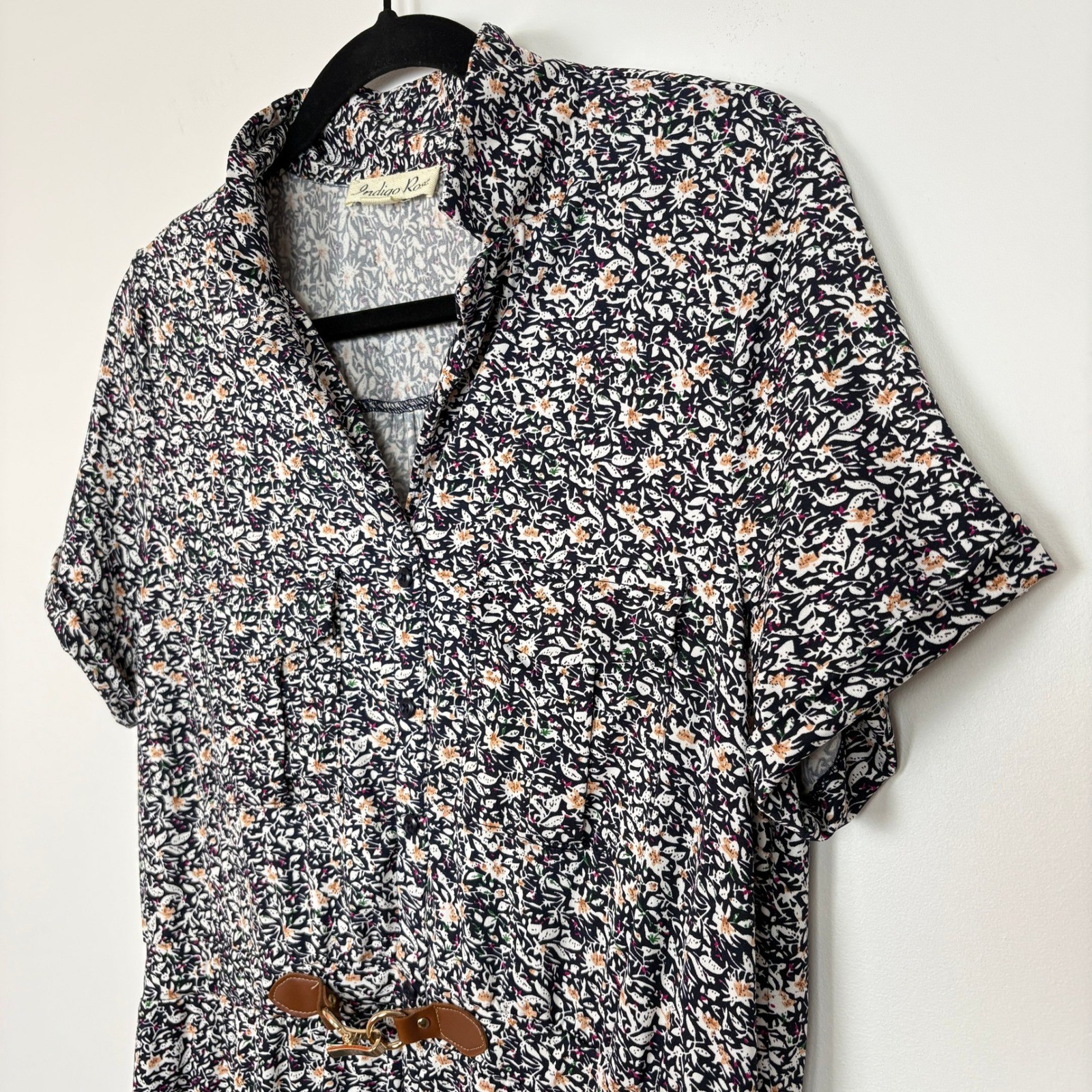 Indigo Rose Women Button Front Floral Dress L Navy Buckle Modest Office Church