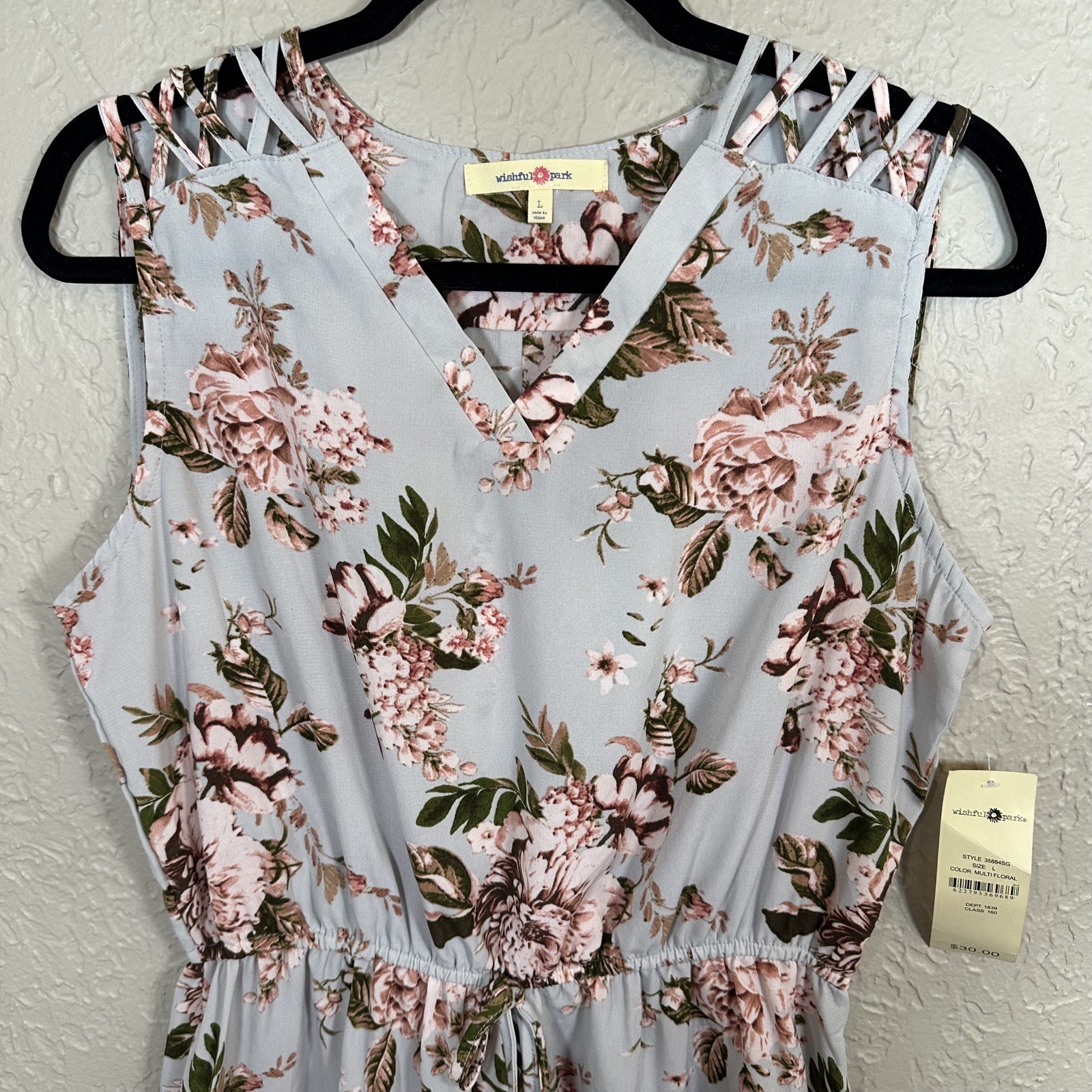 Wishful Park L Light Blue Floral Sun Dress Beach Cruise Criss Cross Boho Fairy