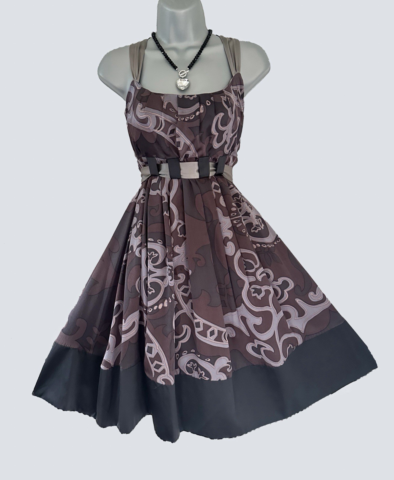 Mink Bikini 100% silk grey/brown printed belted occasion knee length dress 12