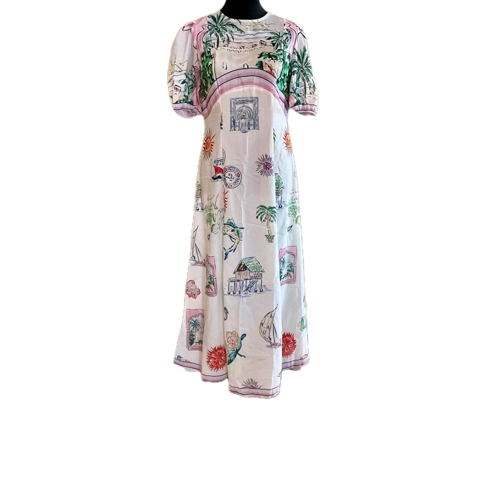 NWOT Tropical Print Puff Sleeve Maxi Dress Summer Resort Wear Boho Vintage Sz M